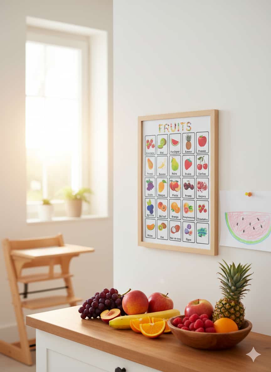 Affiche pédagogique Les Fruits – nommer reconnaître fruits variés pomme banane mangue éveil au goût vocabulaire alimentaire enfant 3-6 ans TDAH TSA inclusion ULIS AESH